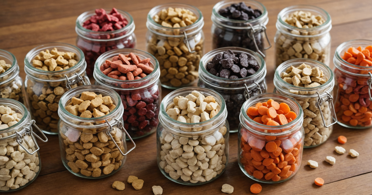 A variety of freeze-dried dog treats in jars