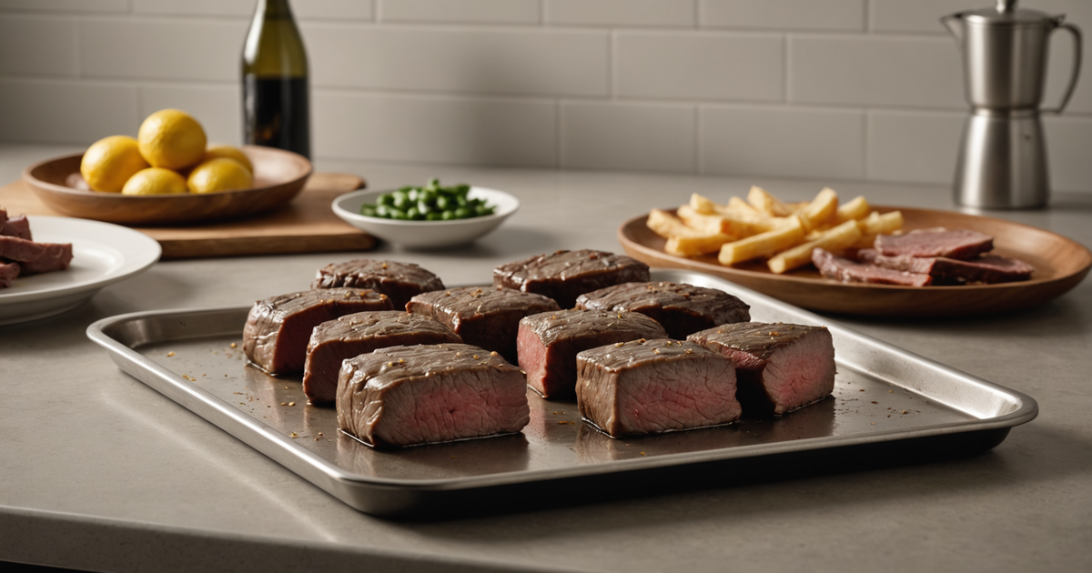 A baking tray with evenly spread slices of beef liver, ready for pre-freezing