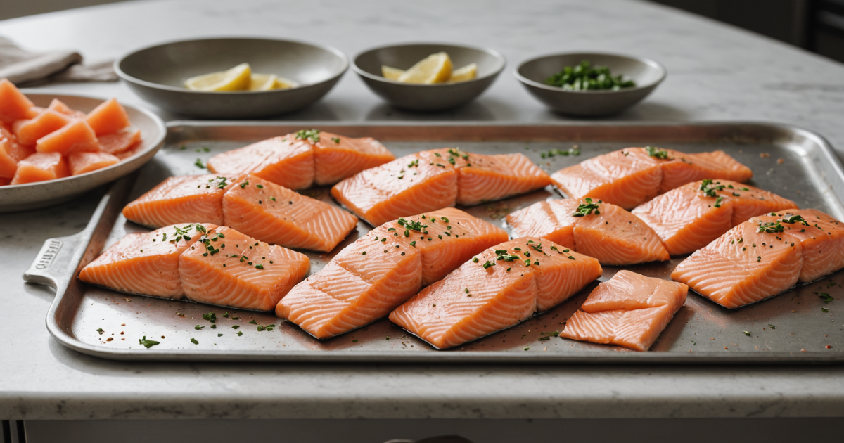Salmon pieces on a baking sheet being pre-frozen