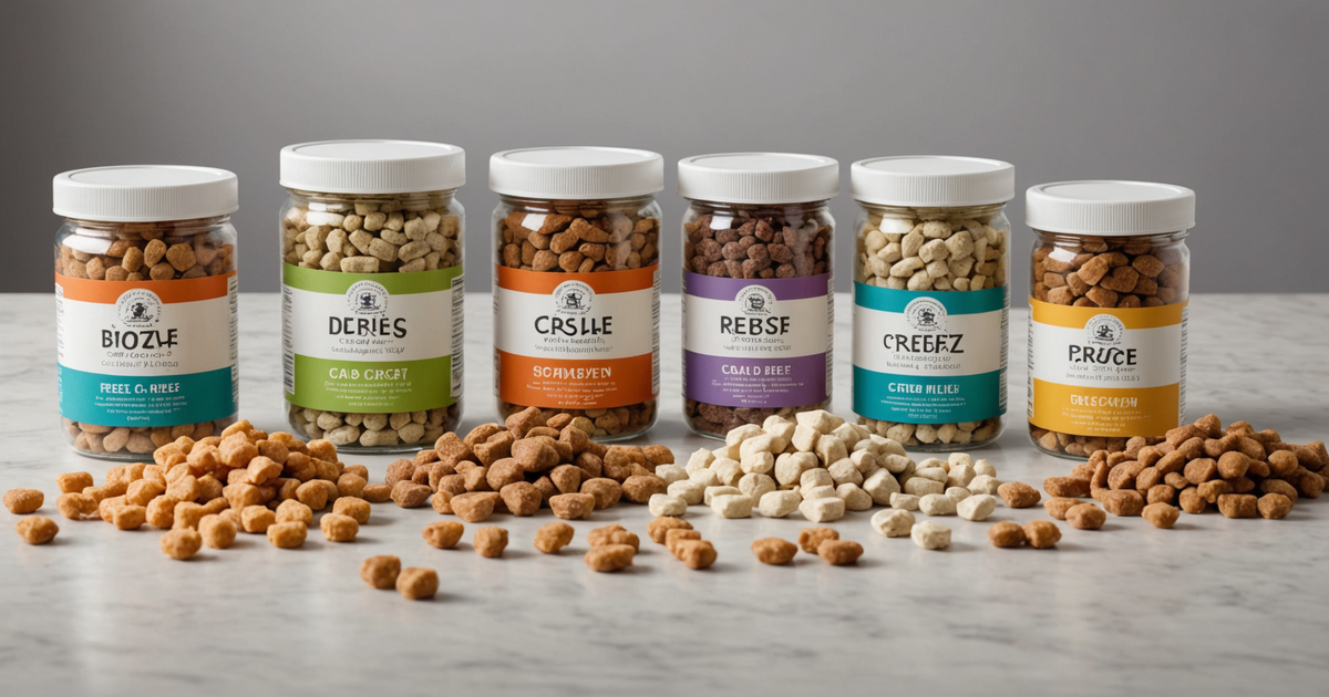 A variety of freeze-dried raw cat treats with visible ingredients like chicken, beef, and fish