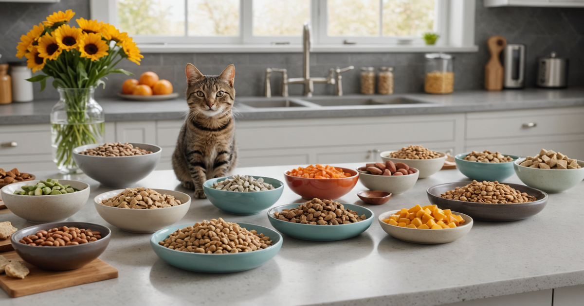 A balanced meal plan for cats, showing a mix of freeze-dried treats and high-quality cat food