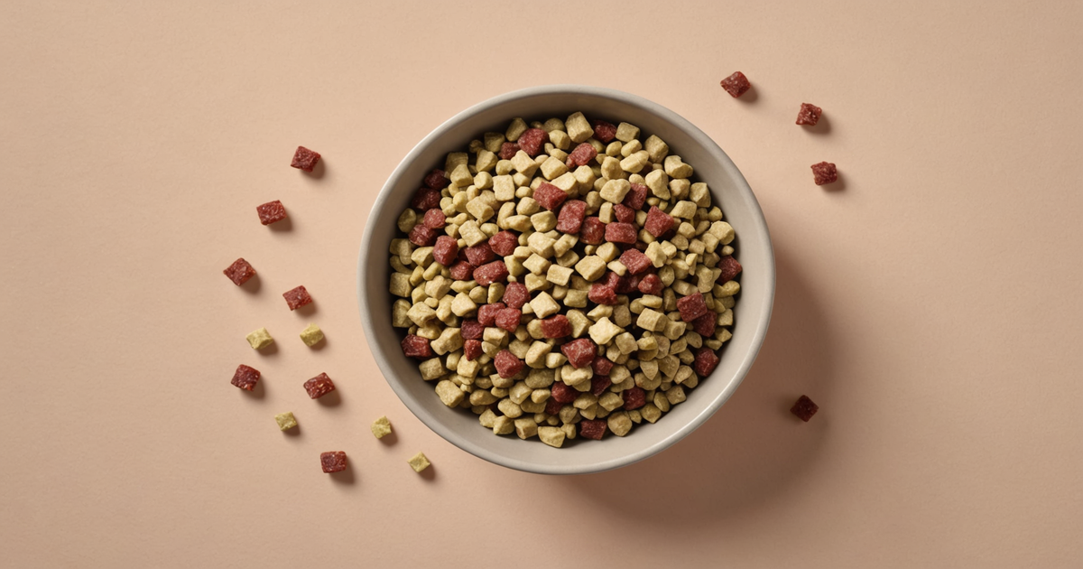 A variety of freeze-dried raw dog food pieces in a bowl
