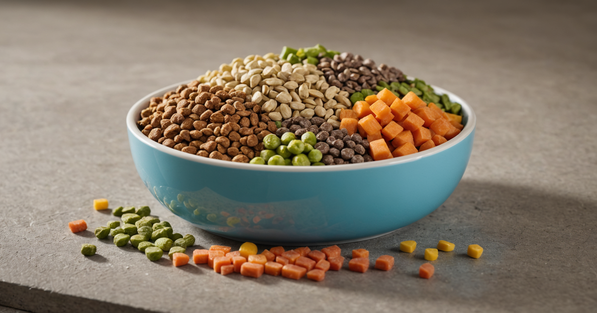 A bowl of freeze-dried raw dog food with a balanced diet chart