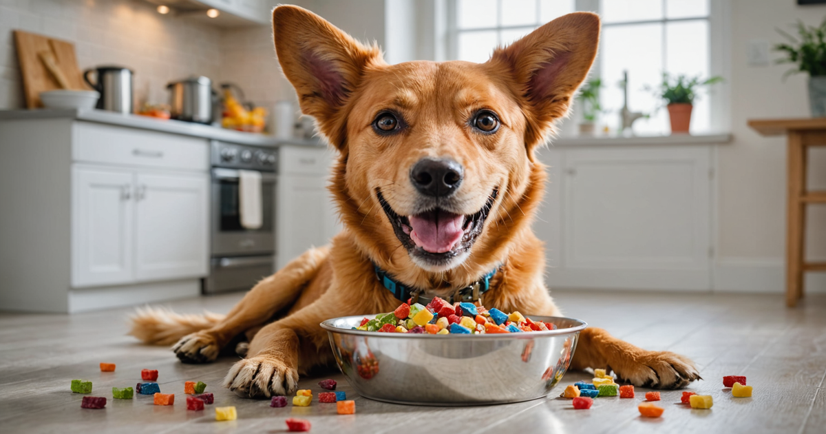 A happy dog enjoying a bowl of K9 Natural Freeze-Dried food
