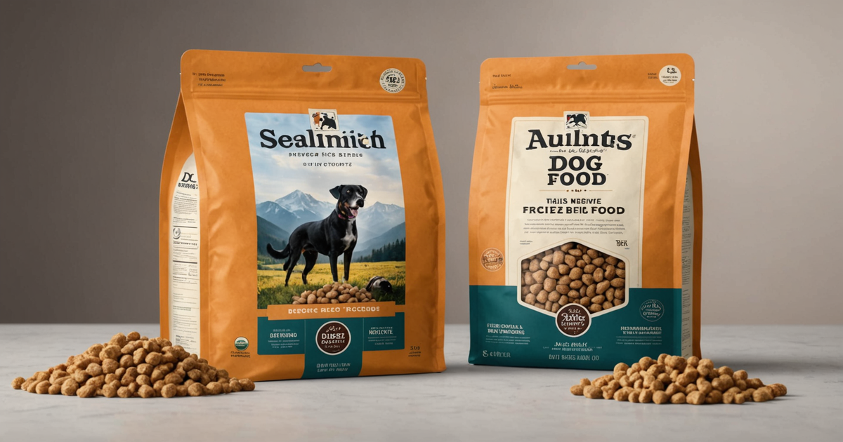 A high-quality freeze-dried dog food package with clear ingredient labels