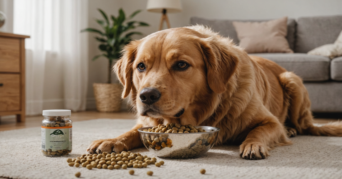 A dog happily eating a bowl of rehydrated freeze-dried food with a side of Omega-3 supplements
