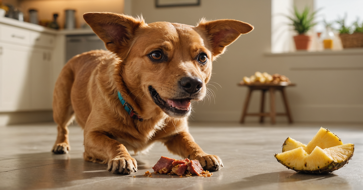 A happy dog enjoying a pork and pineapple freeze-dried treat