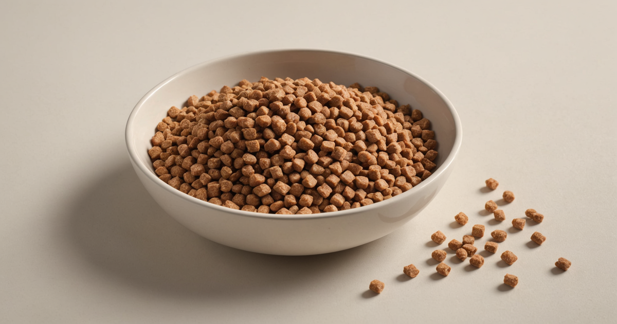 A bowl of freeze-dried cat food with visible chunks of meat and fish