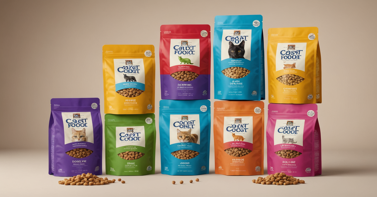 A variety of freeze-dried cat food brands with packaging