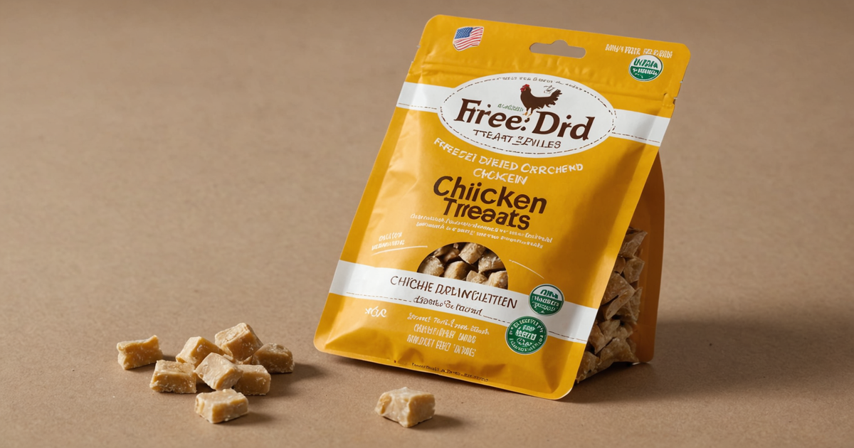 A close-up of Costco freeze-dried chicken treats with nutritional information displayed on packaging.