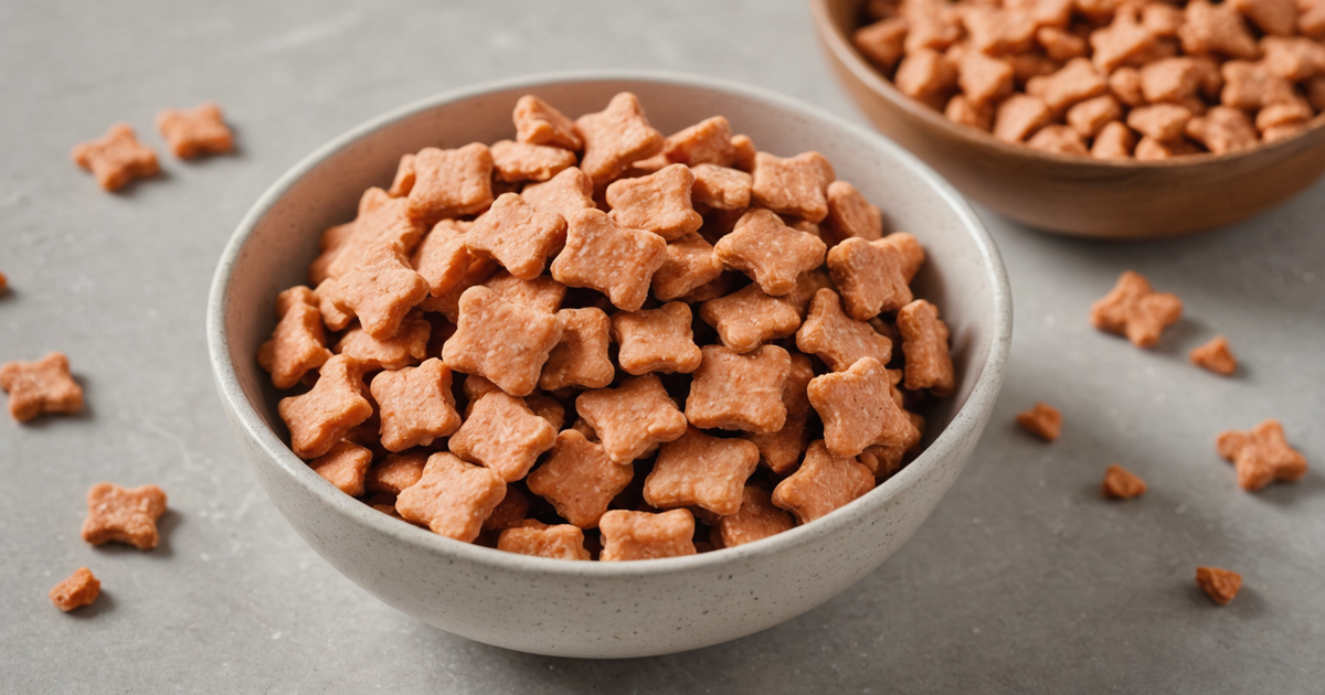 A close-up of Costco freeze-dried salmon dog treats in a bowl