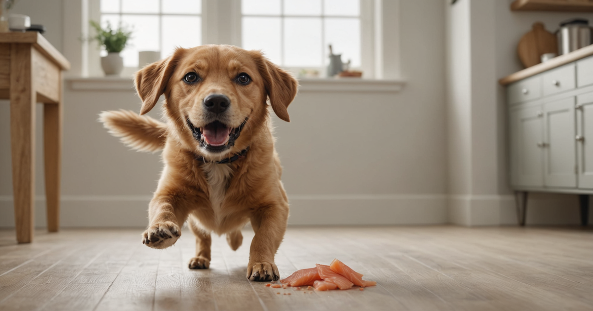 A dog eagerly reaching for a freeze-dried salmon treat